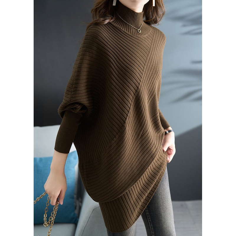 Plus Size Coffee Half Hign Neck Knit Sweaters Batwing Sleeve