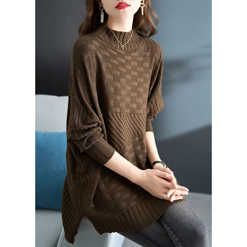 Plus Size Coffee Stand Collar Versatile Mid Knit Sweater Fall