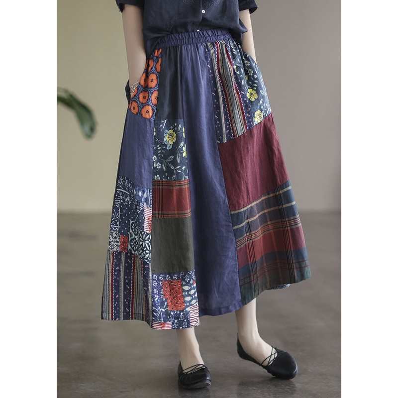 Plus Size Colorblock Elastic Waist Patchwork Print Linen Skirts Summer