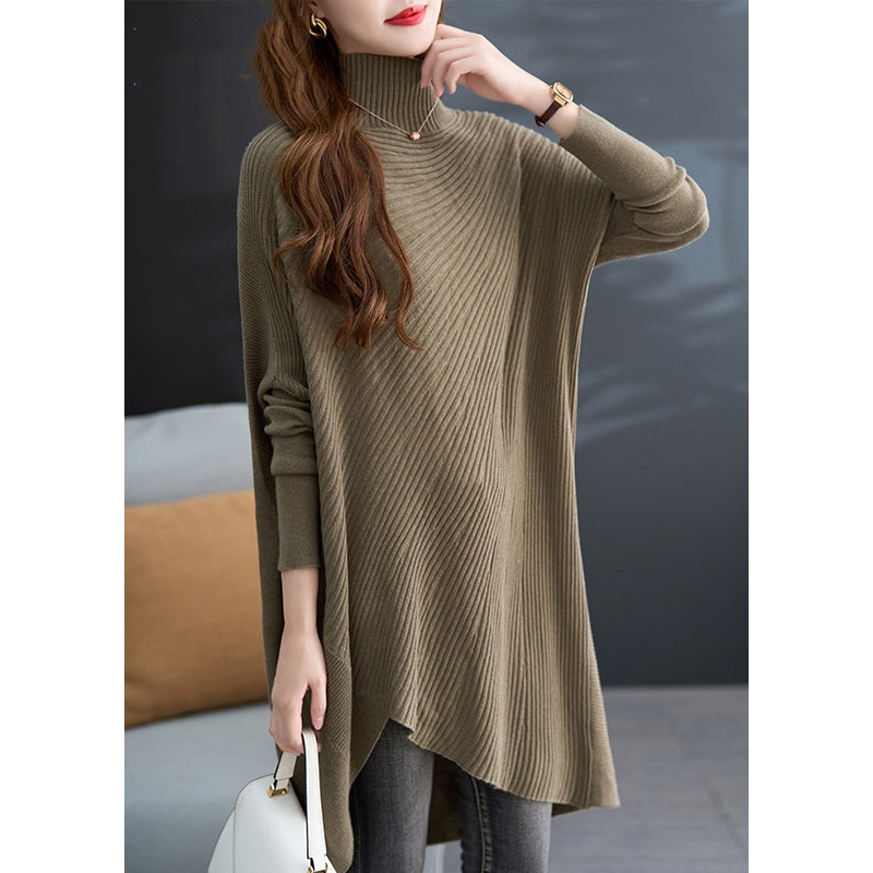Plus Size Khaki Green Hign Neck Asymmetrical Knit Sweater Fall