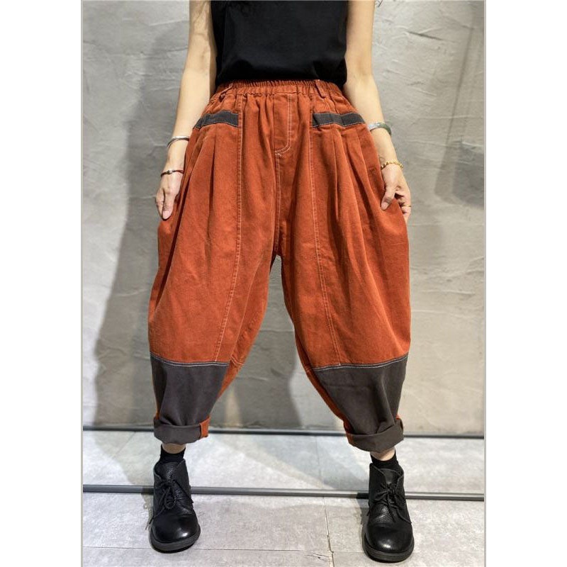 Plus Size Orange Pockets Denim Cotton Pants Spring