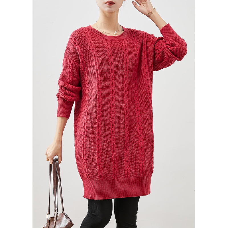 Plus Size Red O-Neck Warm Cable Knit Dress Winter