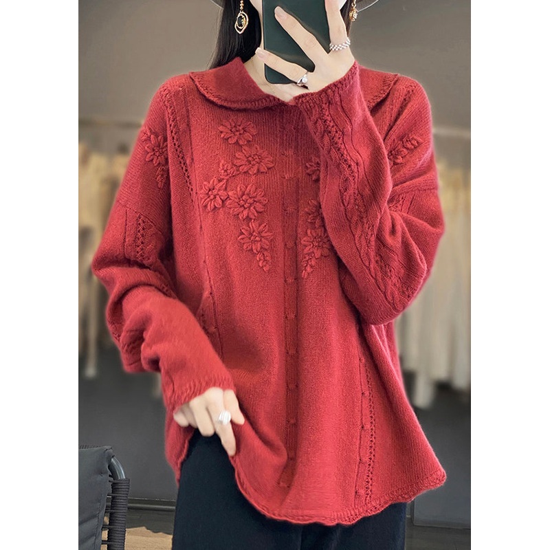 Red Ruffled Patchwork Wool Sweaters Peter Pan Collar Long Sleeve