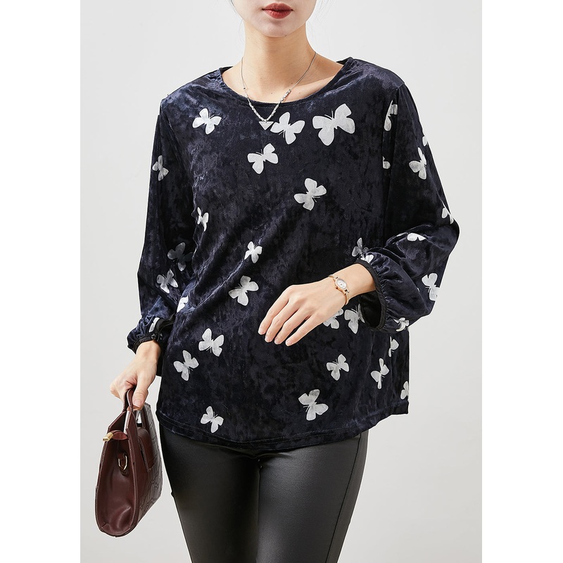 Simple Black Oversized Butterfly Silk Velour Shirt Spring