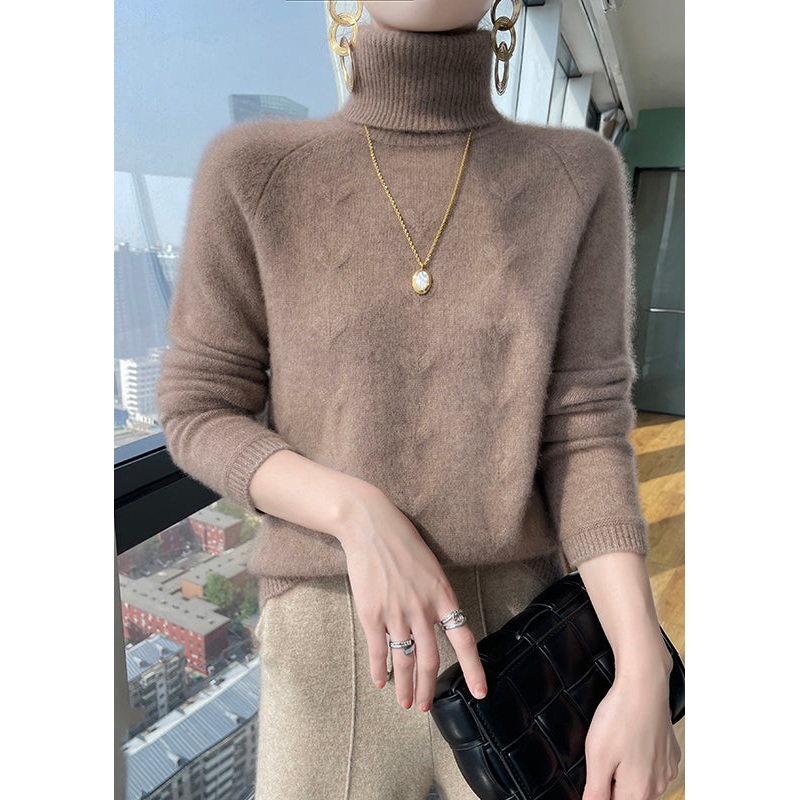 Simple Light Camel Hign Neck Thick Woolen Short Sweater Winter
