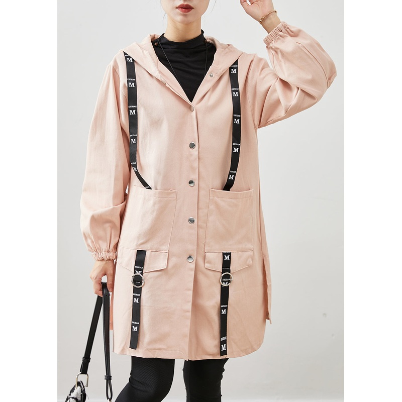 Simple Pink Oversized Patchwork Cotton Hooded Coat Fall