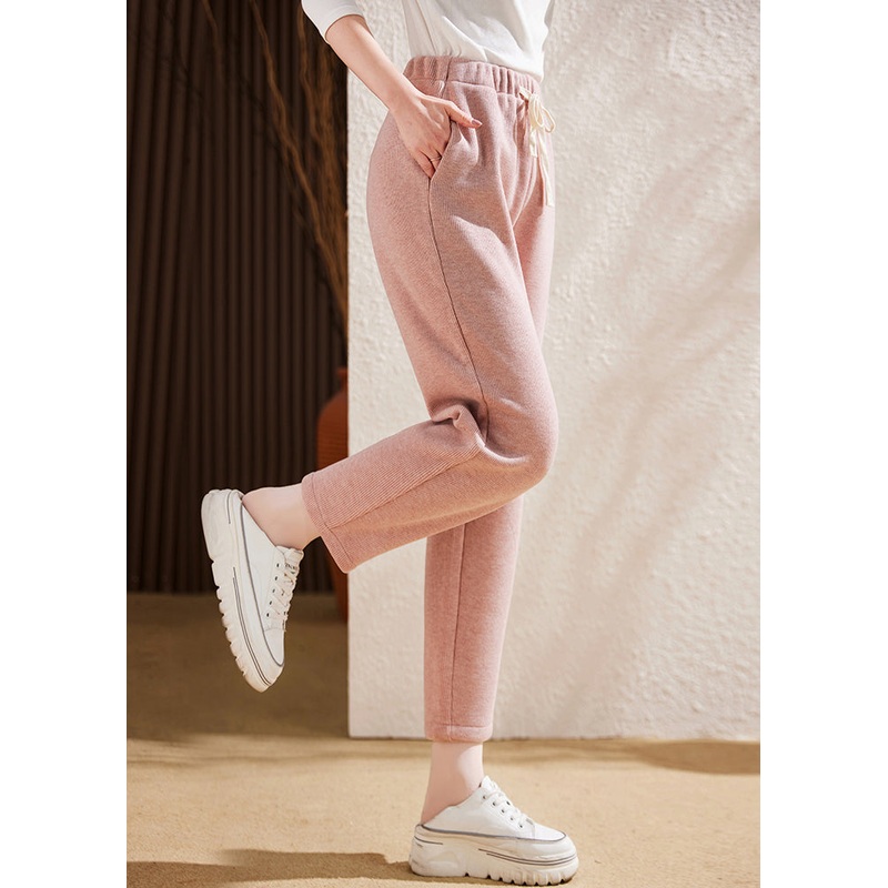 Simple Pink Pockets Elastic Waist Patchwork Fleece Pants Winter