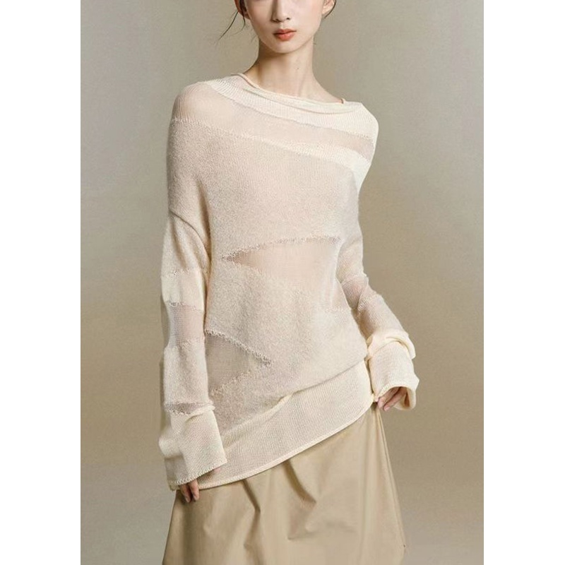 Slim Fit Beige Turtleneck Tulle Patchwork Thin Knit Top Fall