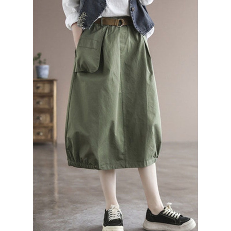 Solid Green Patchwork Cotton Skirt High Waist Pockets Summer