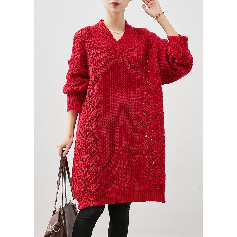 Style Red Oversized Hollow Out Knit Sweater Dress Winter