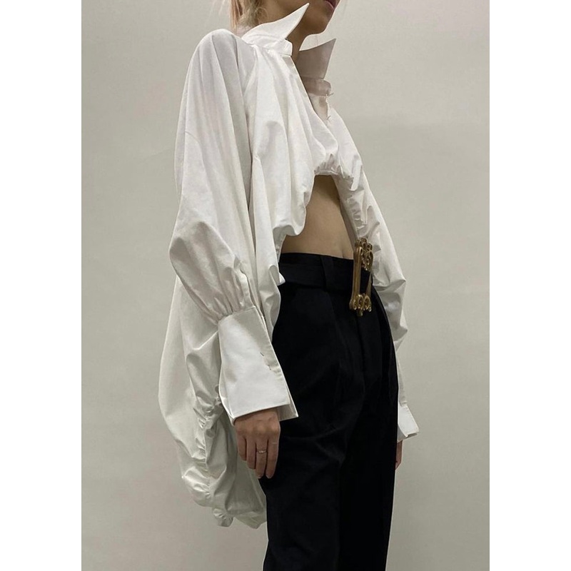 Stylish White Asymmetrical Wrinkled Cotton Shirts Lantern Sleeve