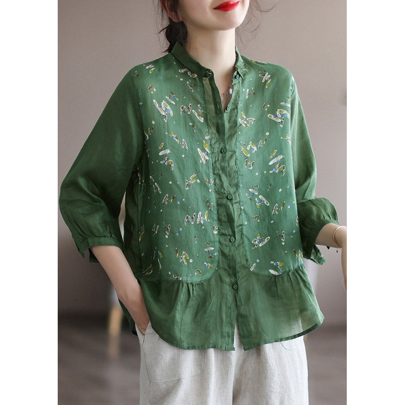 Tea Green Peter Pan Collar Button Linen Shirt Long Sleeve