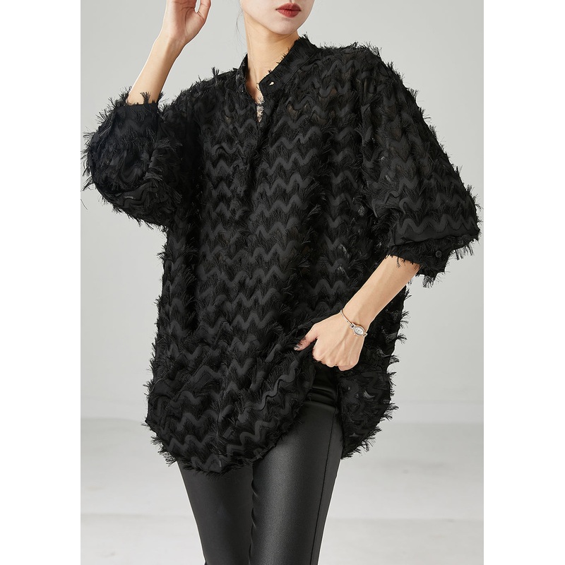 Unique Black Oversized Tasseled Striped Cotton Blouses Spring