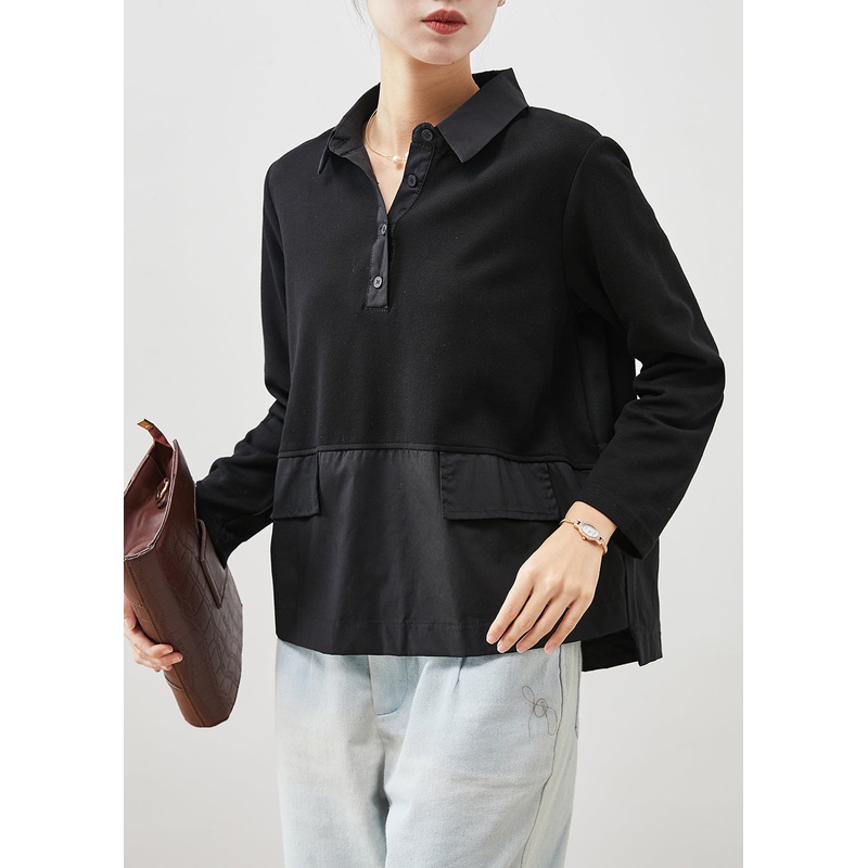 Unique Black Ruffled Patchwork Cotton Blouses Spring