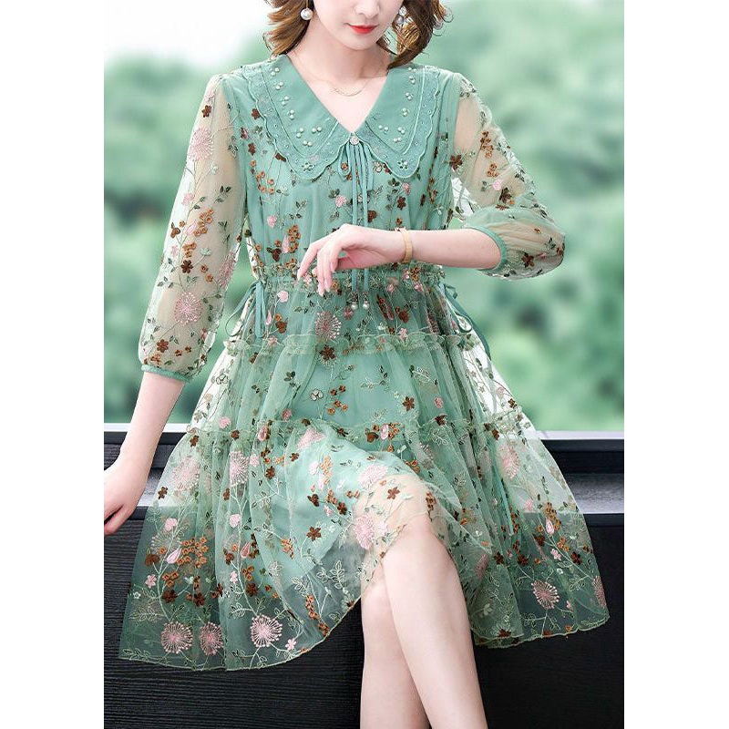 Unique Green Embroidered Ruffled Hollow Out Organza Cinch Dress Bracelet Sleeve