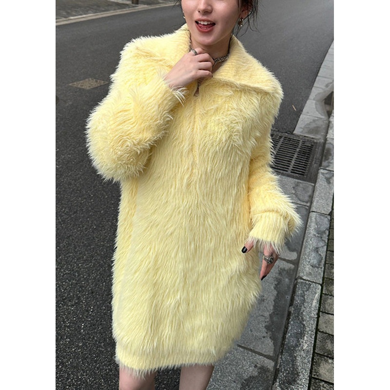 Unique Yellow Hign Neck Zippered Mink Hair Knitted Sweater Fall