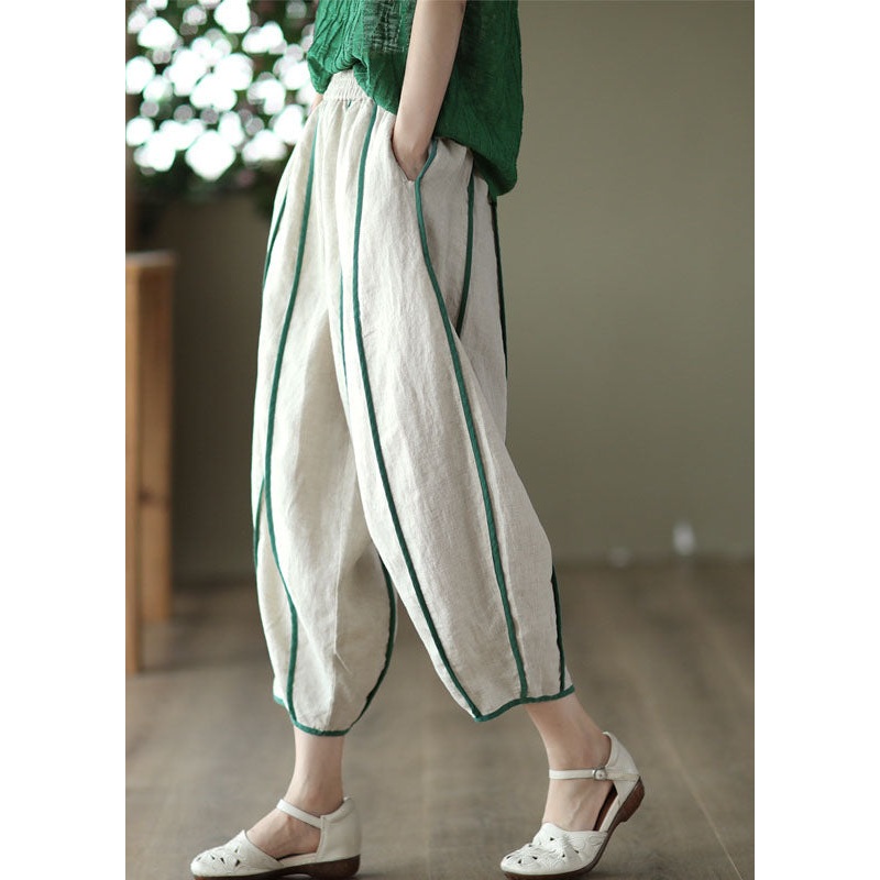 White Patchwork Linen Harem Pants Pockets Striped Summer