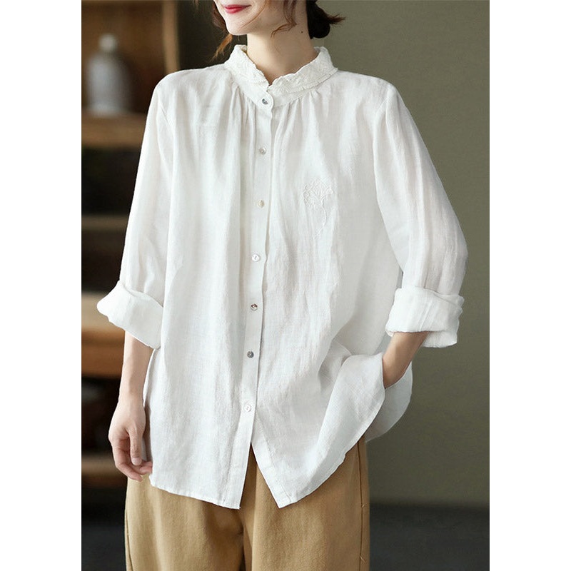 White Peter Pan Collar Button Linen Shirt Long Sleeve