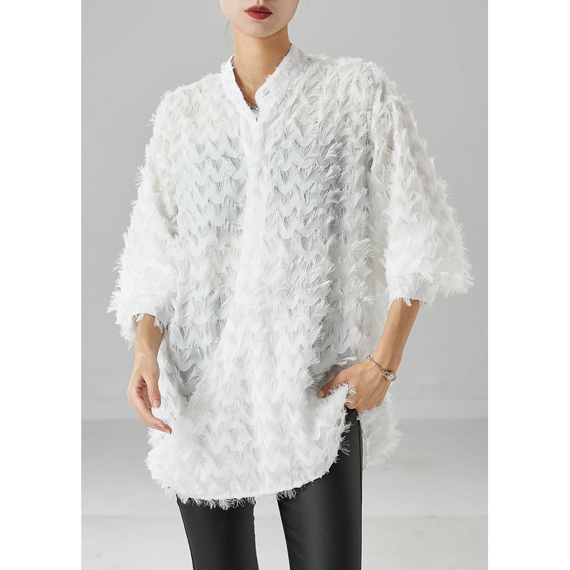 White Wave Tasseled Cotton Shirts Stand Collar Oversized Spring
