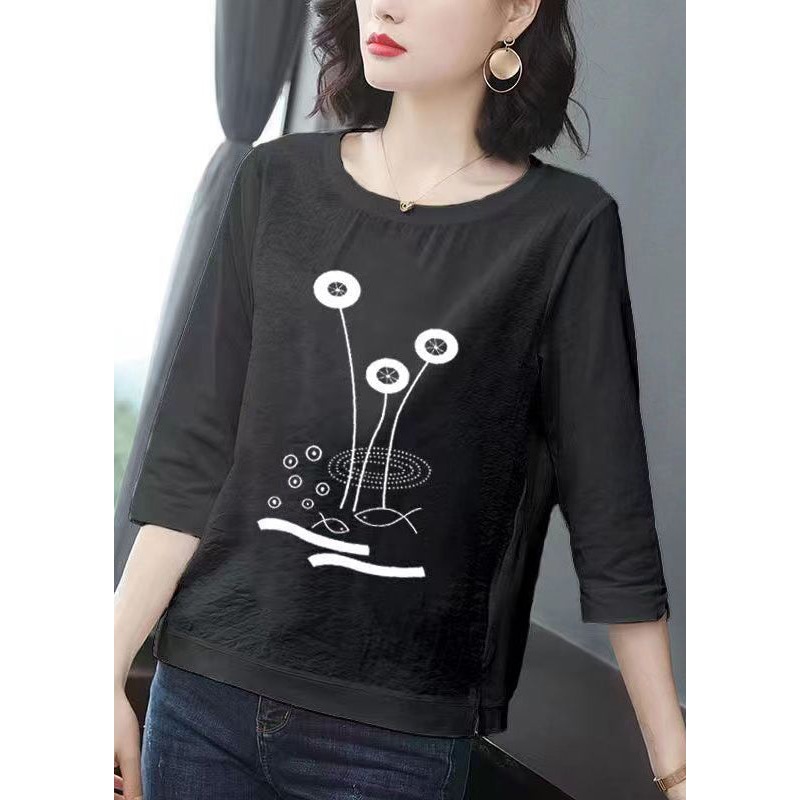 Women Black O Neck Print Patchwork Cotton T Shirt Bracelet Sleeve
