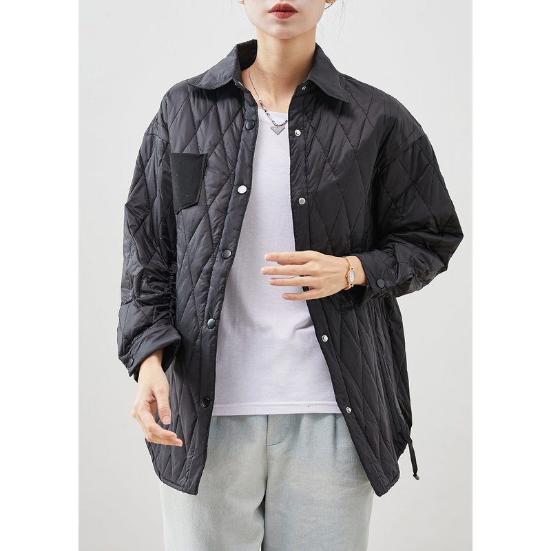 Women Black Oversized Drawstring Fine Cotton Filled Coat Outwear Winter
