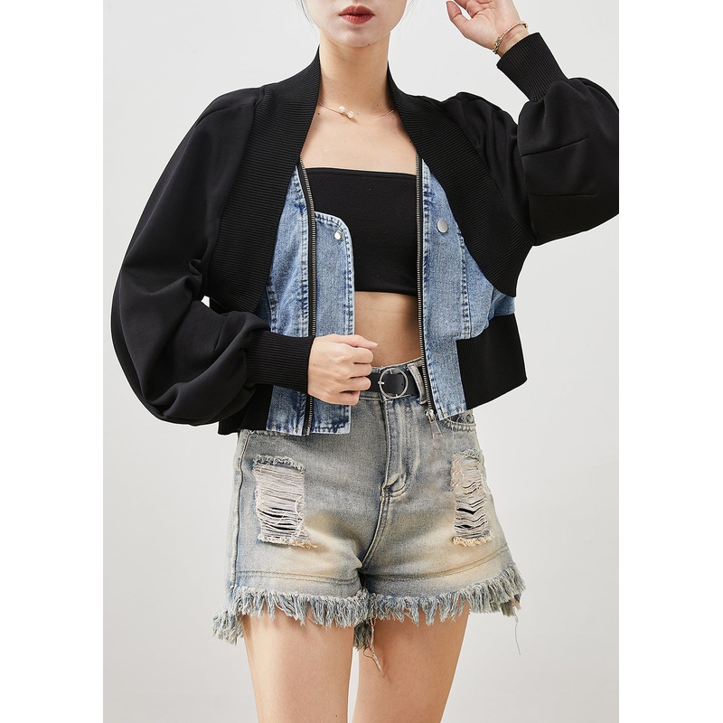 Women Black Oversized Patchwork Denim Fake Two Piece Coats Spring