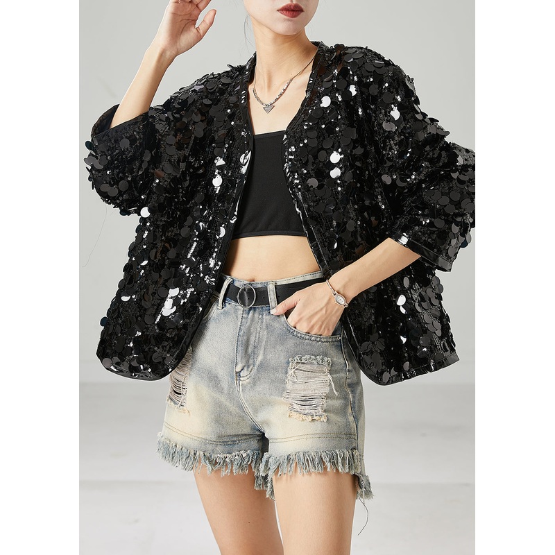 Women Black Sequins Oversized Coat Spring