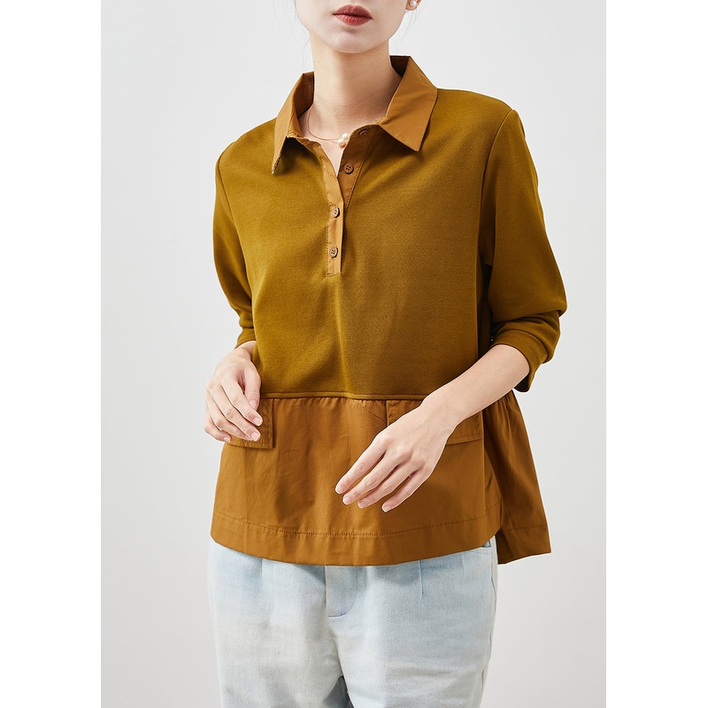 Women Brown Ruffled Patchwork Cotton Shirts Spring