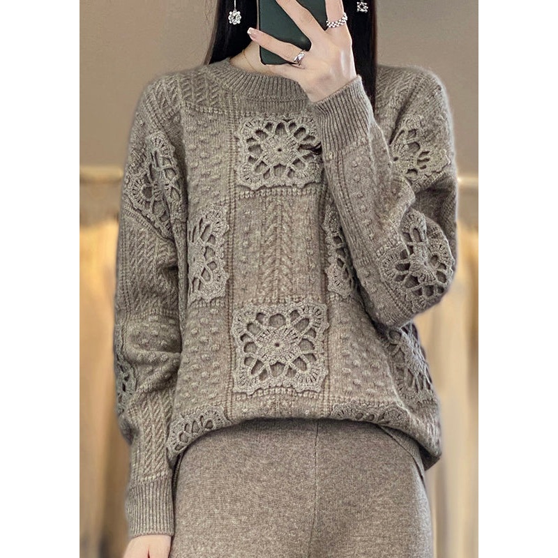 Women Camel O Neck Hollow Out Patchwork Wool Top Long Sleeve