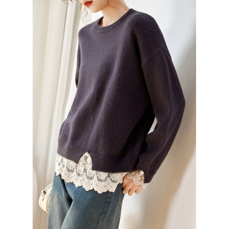 Women Deep Purple Lace Patchwork Cotton Knit Sweaters Fall