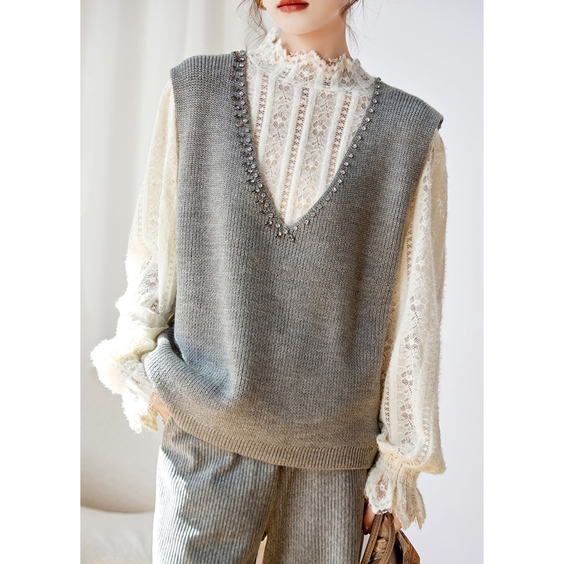 Women Grey V Neck Zircon Patchwork Knit Waistcoat Sleeveless
