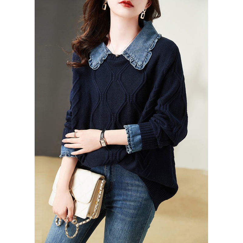 Women Navy Ruffled Patchwork False Two Pieces Cotton Knit Top Long Sleeve