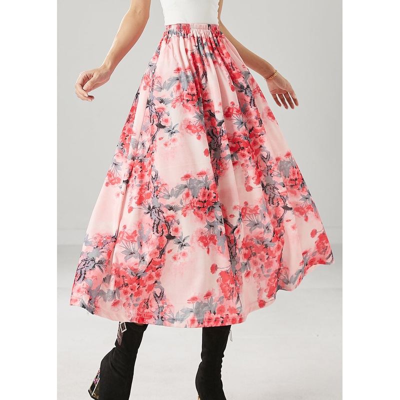 Women Pink Plum Blossom Print Cotton A Line Skirts Spring