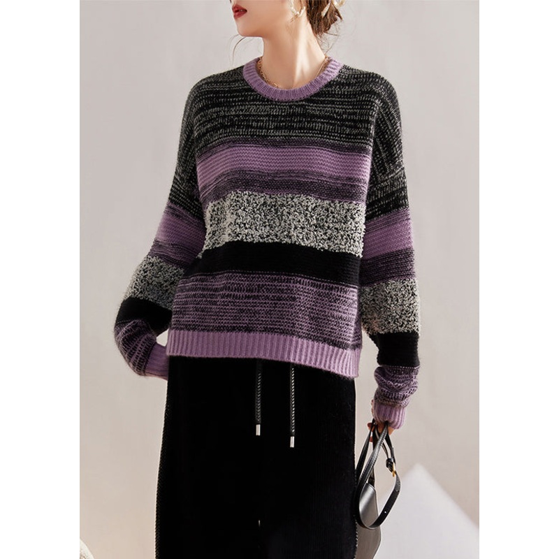 Women Purple O Neck Patchwork Cozy Cotton Knit Sweaters Fall