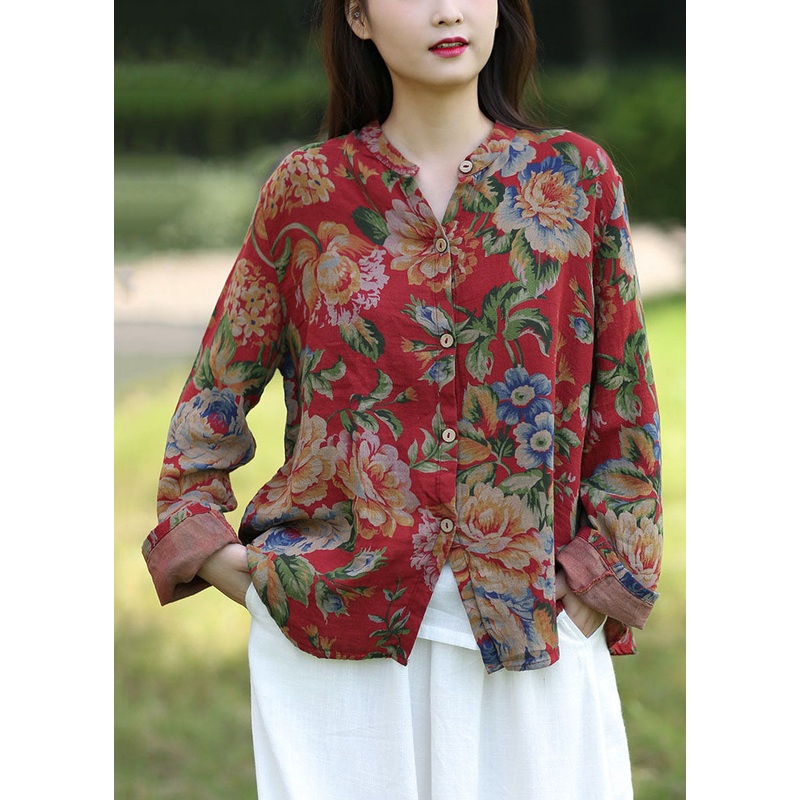 Women Red Print O-Neck Cotton Shirt Top Spring