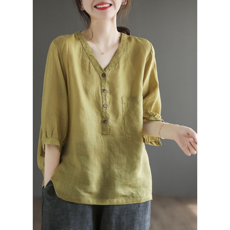 Women Yellow Green V Neck Button Solid Color Linen Shirts Bracelet Sleeve