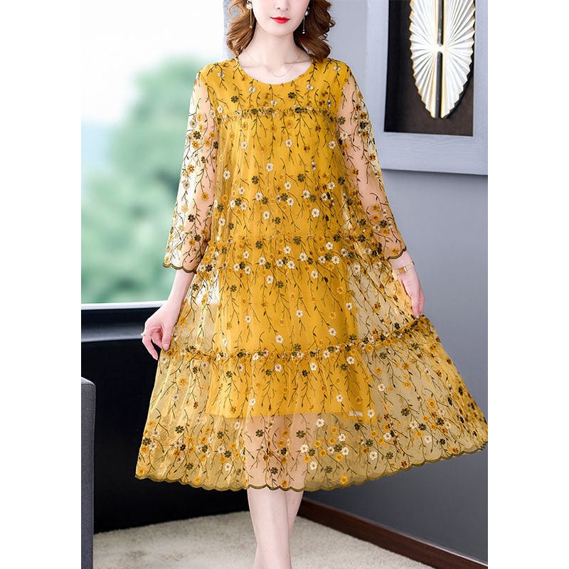 Yellow Tulle Party Dress Embroideried Hollow Out Bracelet Sleeve