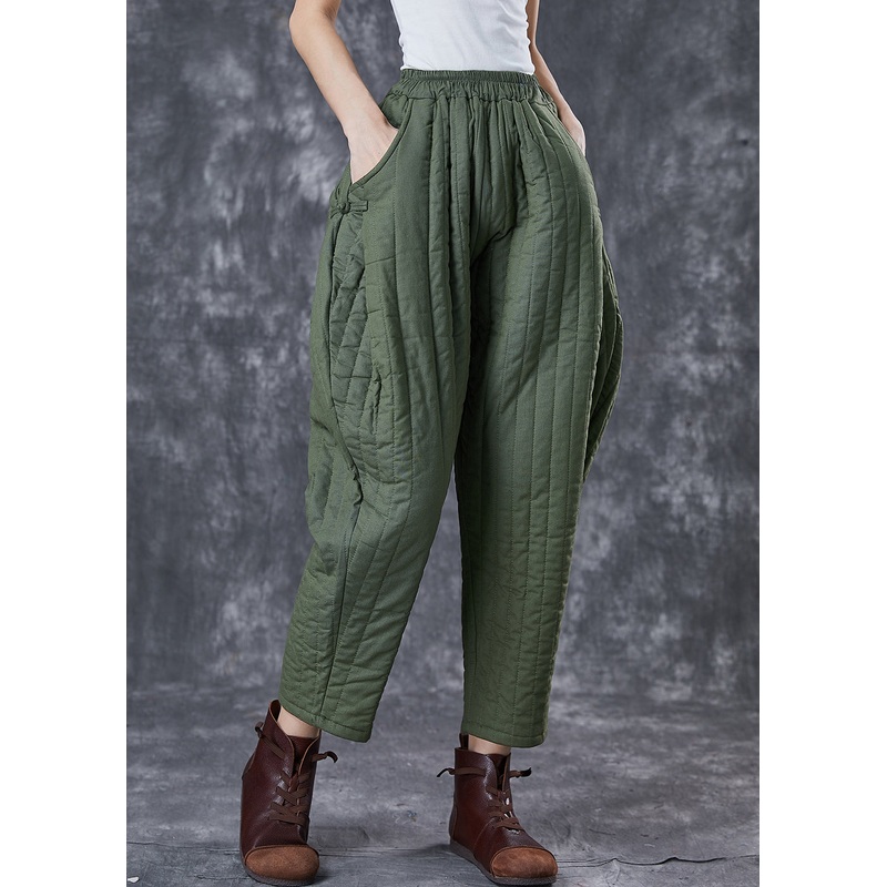 Army Green Fine Cotton Filled Harem Pants Oversized Oriental Winter