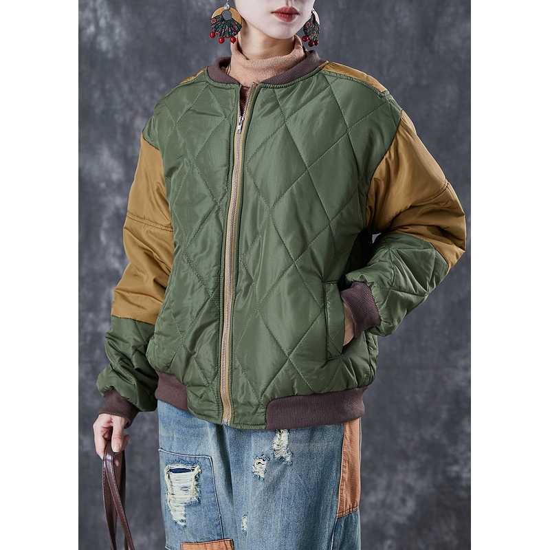 Art Army Green Zip Up Patchwork Fine Cotton Filled Parkas Winter