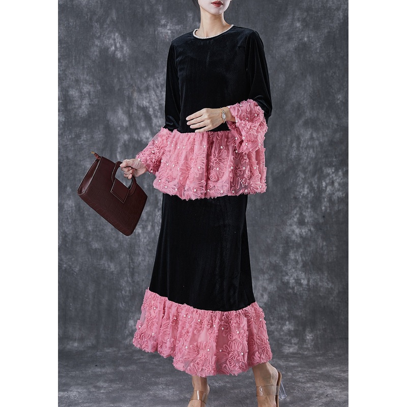 Art Black Ruffled Patchwork Nail Bead Silk Velour Two Pieces Set Spring