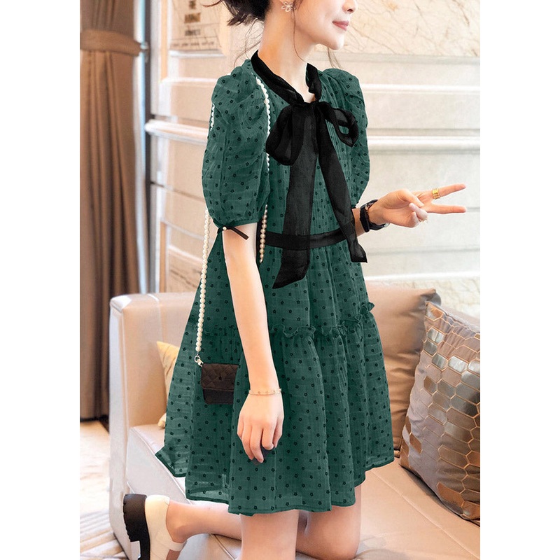Art Green O-Neck Ruffled Dot Patchwork Bow Chiffon Mid Dress Puff Sleeve