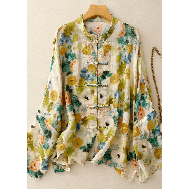 Art Green Print Chinese Button Linen Shirts Spring
