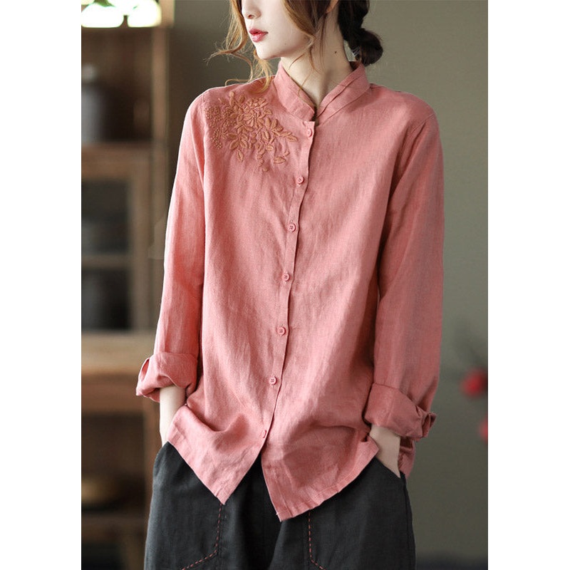 Art Pink Stand Collar Embroidered Button Linen Shirts Long Sleeve