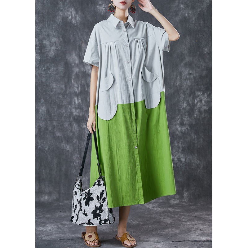 Art White Green Oversized Patchwork Pockets Cotton Shirt Dresses Summer