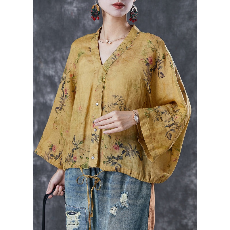 Art Yellow Print Drawstring Linen Shirt Top Spring