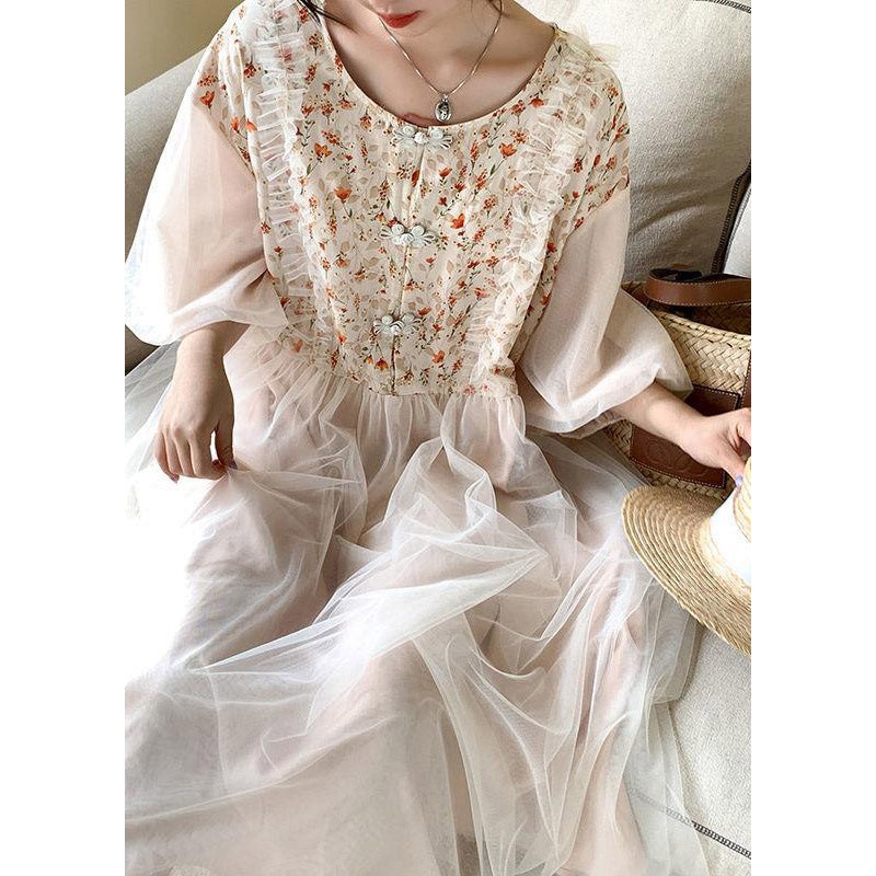 Beautiful Apricot O-Neck Embroideried Tulle Patchwork Maxi Dresses Half Sleeve