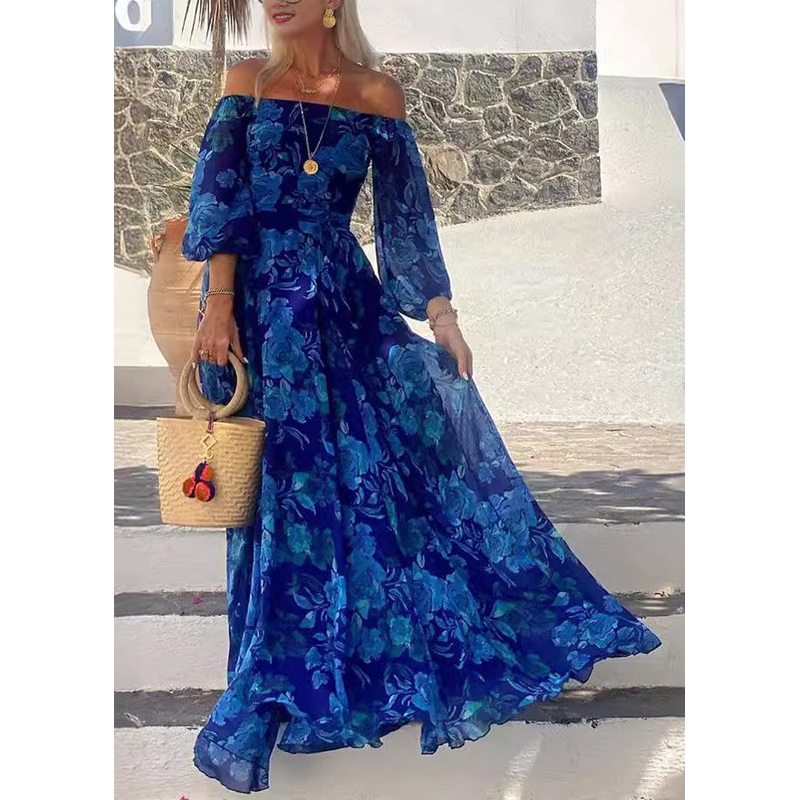 Beautiful Blue Slash Neck Print Cotton Maxi Dress Bracelet Sleeve