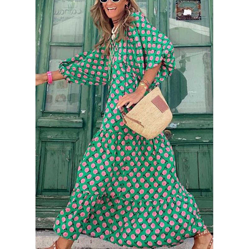 Beautiful Green V Neck Print Cotton Long Dresses Puff Sleeve