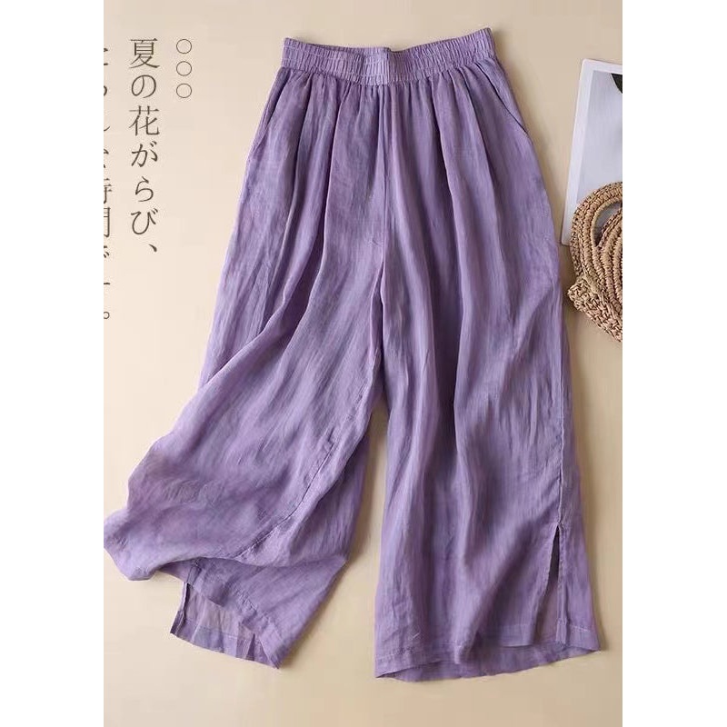 Beautiful Lavender Elastic Waist Side Open Linen Straight Pants Summer