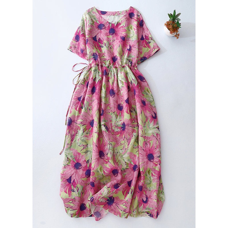 Beautiful Pink Cinched Print Linen Vacation Dresses Summer